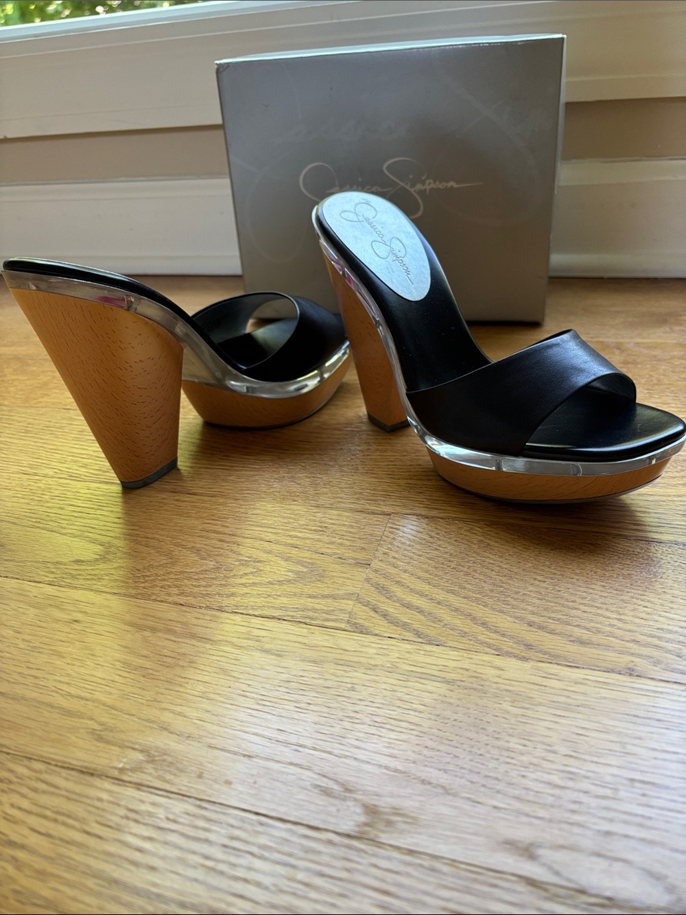 Jessica Simpson Black Leather Platform Mule Heels with Wood-Effect Block Heel
